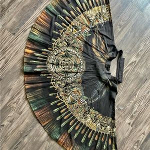 Vintage hand painted Mexican skirt, gold/multicolored on black, tie waist